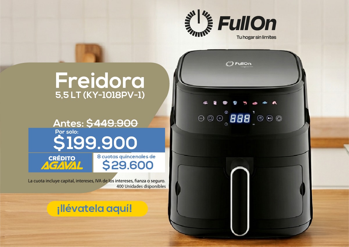 Freidora 5,5 LT (KY-1018PV-1) Antes: $449.900 Por solo: $199.900 CRÉDITO AGAVAL 8 cuotas quincenales de $29.600 400 Unidades disponibles ¡llévatela aquí!